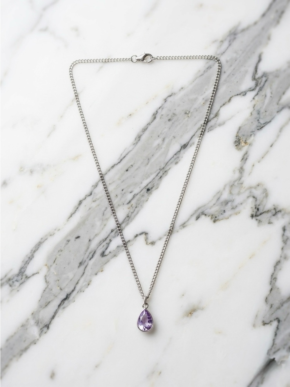 Silver Chain Necklace with Purple Teardrop Pendant